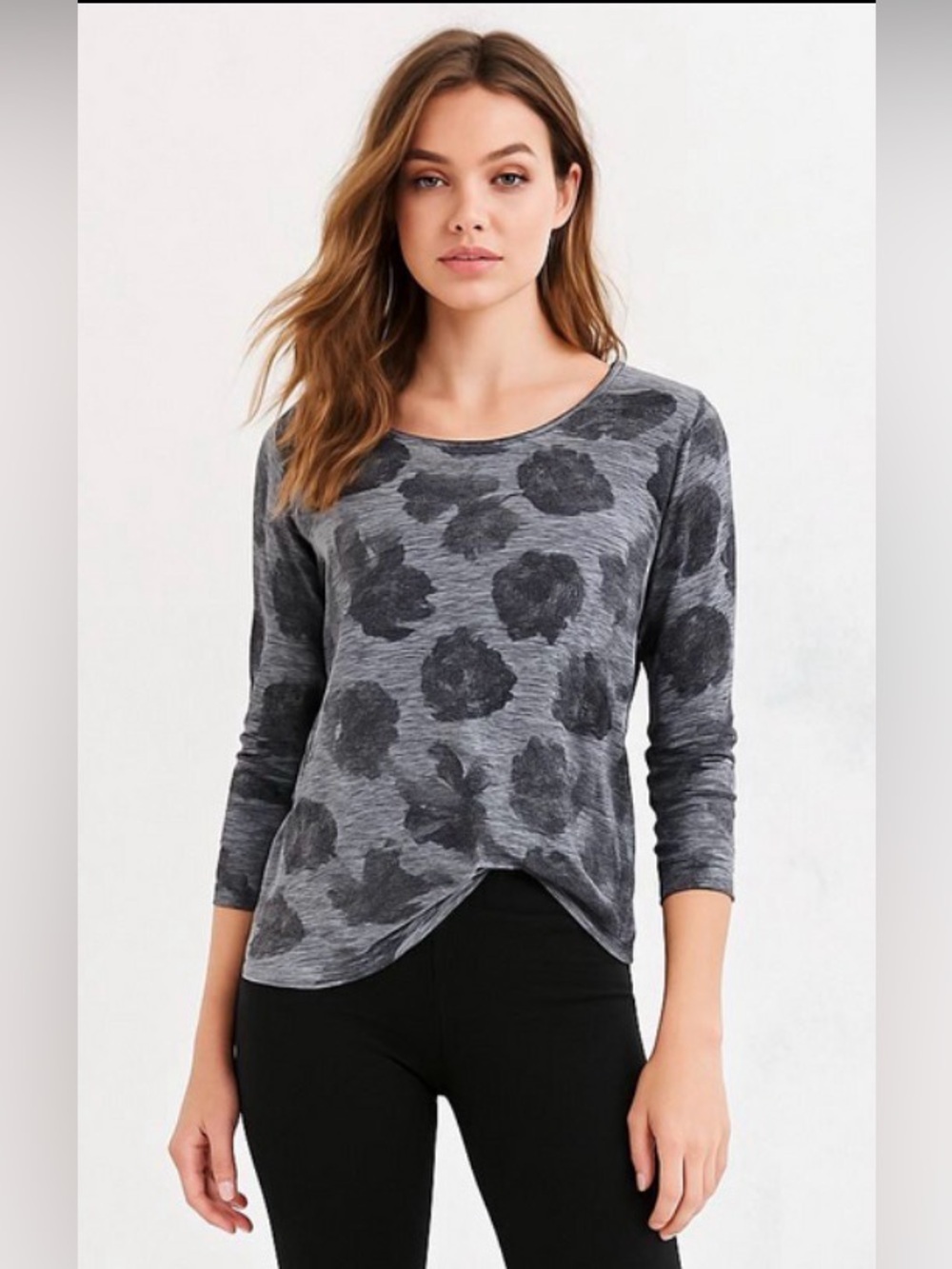 LOFT Floral Long Sleeve Tee, Gray, Black, Size M